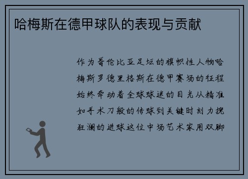 哈梅斯在德甲球队的表现与贡献